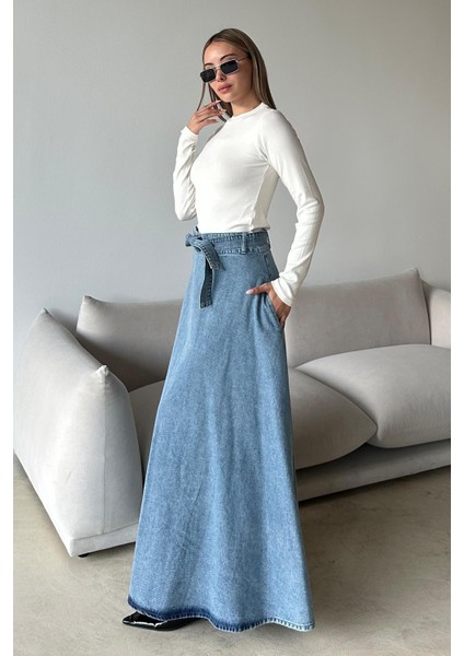 Beli Kuşaklı Denim Çan Uzun Etek Mavi 7064 modelleri