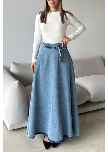 Beli Kuşaklı Denim Çan Uzun Etek Mavi 7064 fırsatları