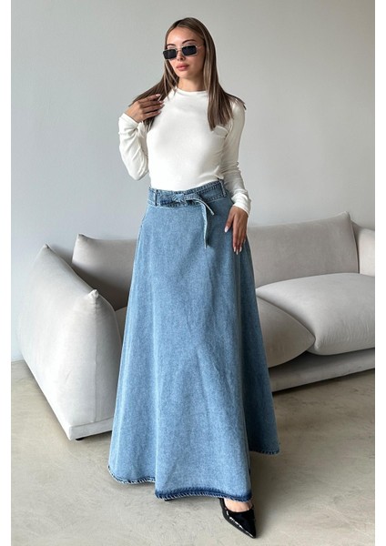 Beli Kuşaklı Denim Çan Uzun Etek Mavi 7064 indirimleri
