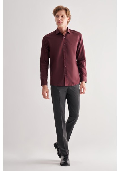 Bordo Yarım Italyan Yaka Uzun Kol Slim Fit Pamuklu Gömlek 1004255180
