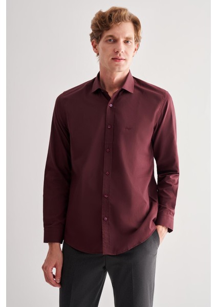 Bordo Yarım Italyan Yaka Uzun Kol Slim Fit Pamuklu Gömlek 1004255180 fiyatları
