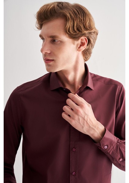 Bordo Yarım Italyan Yaka Uzun Kol Slim Fit Pamuklu Gömlek 1004255180 fırsatları