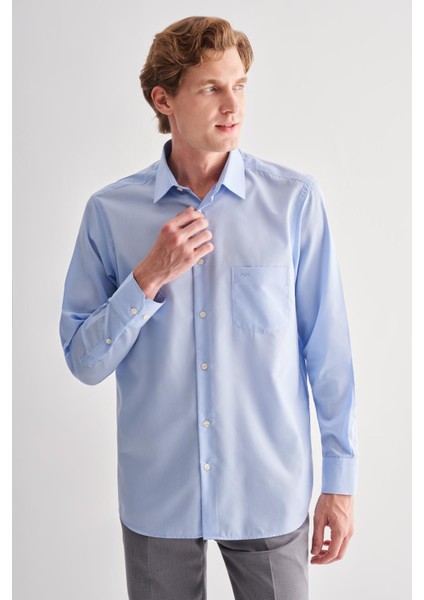 Mavi Sert Yaka Uzun Kol Easy To Iron Comfort Fit Pamuklu Gömlek 1004255182