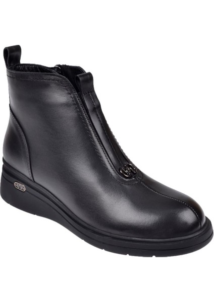 Hakiki Deri Önü Lastikli Dolgu Taban Kadın Bot BEE-5068 Siyah
