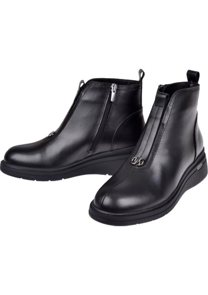 Hakiki Deri Önü Lastikli Dolgu Taban Kadın Bot BEE-5068 Siyah fırsatları
