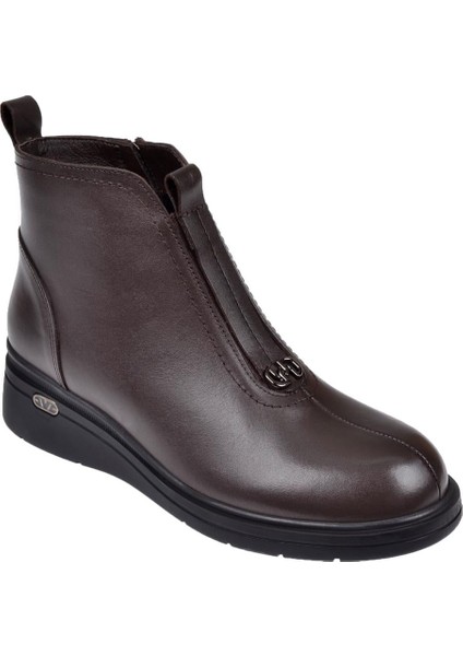 Hakiki Deri Önü Lastikli Dolgu Taban Kadın Bot BEE-5068 Kahve