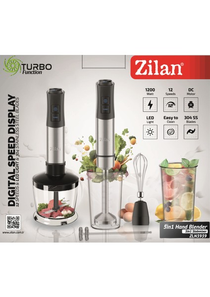 Güçlü 1200W Blender Seti, 12 Hız, Turbo, Paslanmaz Çelik Bıçaklar, Gri Renk