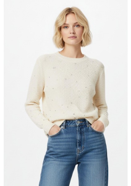 Natural Kadın Taş İşleme Detaylı Bisiklet Yaka Triko Kazak 7045