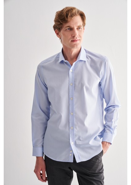 Açık Mavi Yarım Italyan Yaka Uzun Kol Easy To Iron Slim Fit Pamuklu Gömlek 1004255301 indirimleri