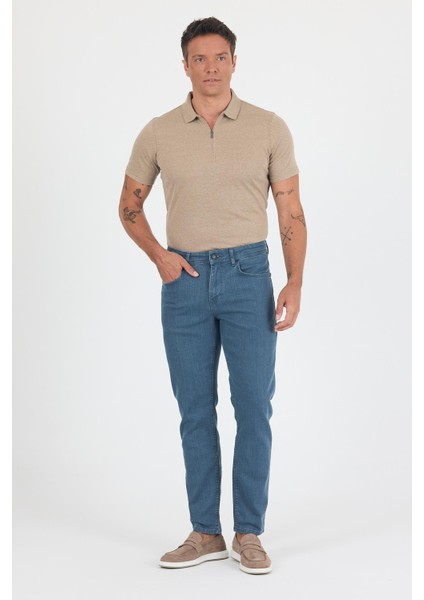 Koyu Mavi Gabardin 5 Cep Düz Paça Casual Slim Fit Pamuklu Denim Pantolon 1023250157 modelleri