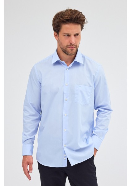 Açık Mavi Sert Yaka Uzun Kol Easy To Iron Comfort Fit Pamuklu Gömlek 1004255300