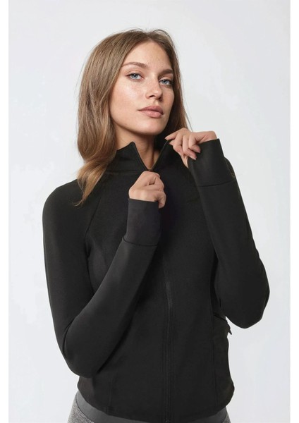 Kadın Dar Kesim Örme Dik Yaka Fermuarlı Aktif Üst Siyah modelleri