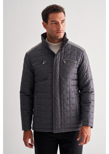 Antrasit Fermuarlı Dik Yaka Kapitone Slim Fit Classic Mont 1007255124