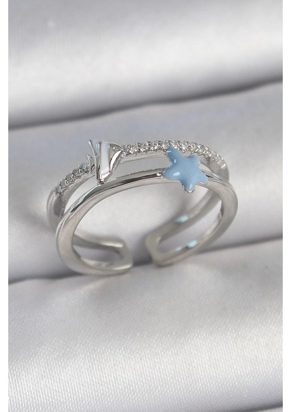 Pirinç Gümüş Renk 2'li Zirkon Taşlı Mavi Yıldız Figür Ayarlanabilir Kadın Yüzük