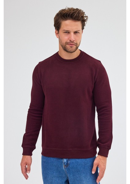 Bordo Uzun Kol Bisiklet Yaka Düz Pamuklu Comfort Fit Sweatshirt 1013255150