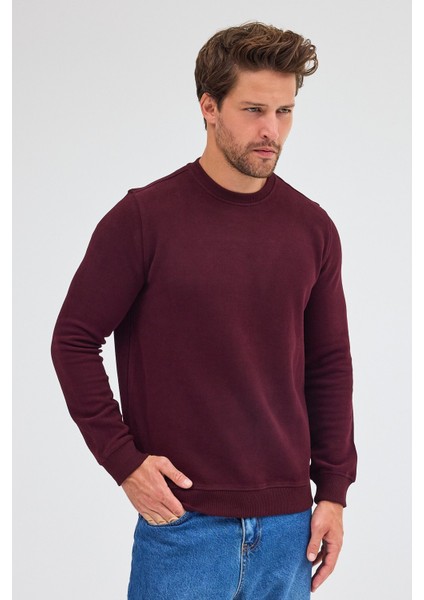 Bordo Uzun Kol Bisiklet Yaka Düz Pamuklu Comfort Fit Sweatshirt 1013255150 fırsatları