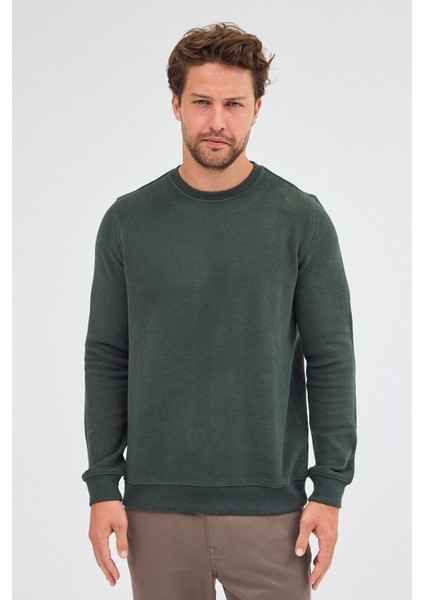 Haki Uzun Kol Bisiklet Yaka Düz Pamuklu Comfort Fit Sweatshirt 1013255150