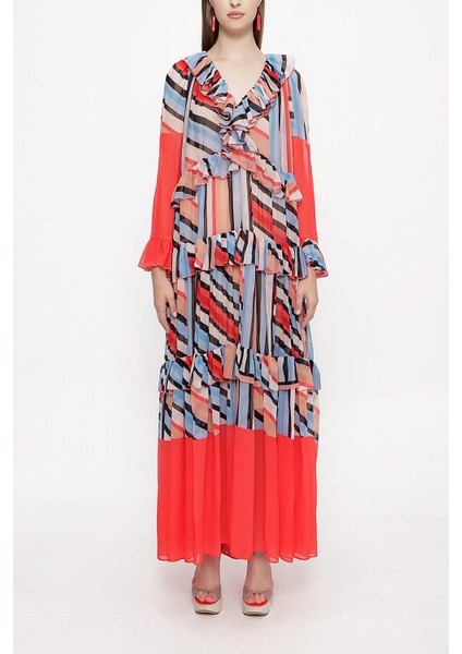 Kırmızı Büzgülü Bol Kesim Elbise 94037