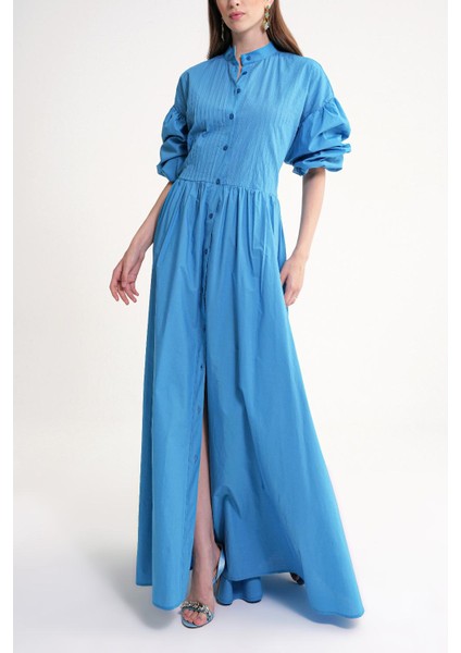 Mavi Özel Dikiş Detaylı Bol Kesim Elbise 94654