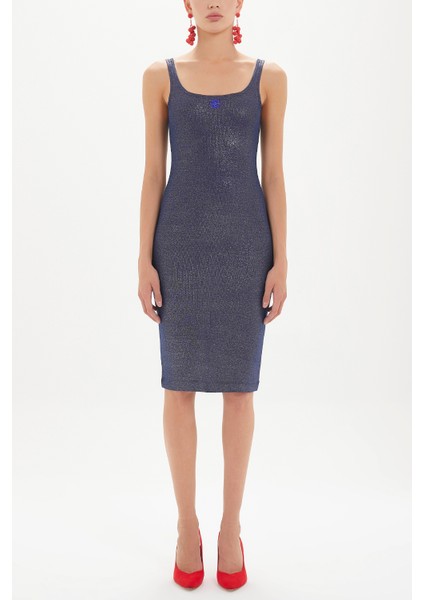 Mavi Askılı Dar Kesim Mini Örme Elbise 91967