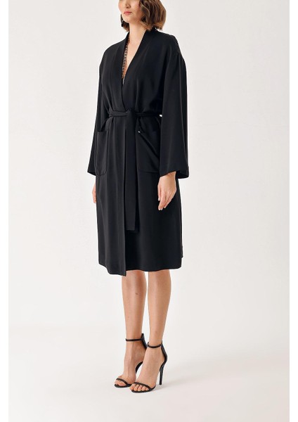 Siyah Kadife Bol Kesim Kemerli Kimono Ceket 20405 modelleri