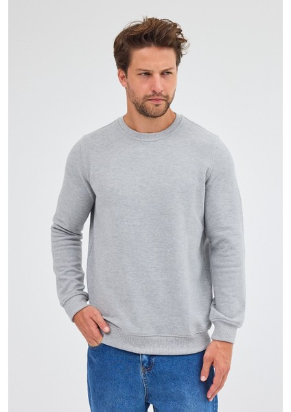 Gri Uzun Kol Bisiklet Yaka Düz Pamuklu Comfort Fit Sweatshirt 1013255150