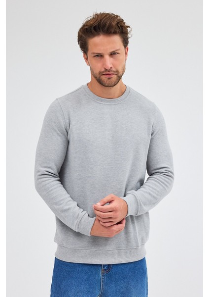 Gri Uzun Kol Bisiklet Yaka Düz Pamuklu Comfort Fit Sweatshirt 1013255150 modelleri