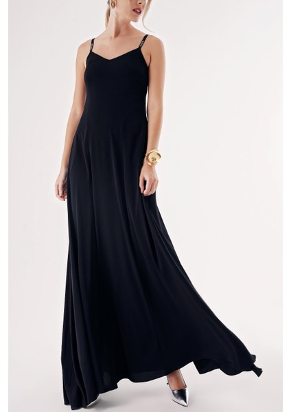 Siyah Askılı Taş Detaylı Rahat Godeli Elbise 94457