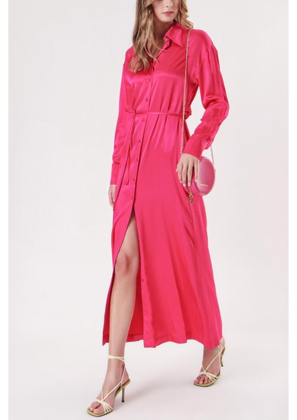 Fuşya Sırtı Bluzan Detaylı Bele Oturan Gömlek Elbise 94178