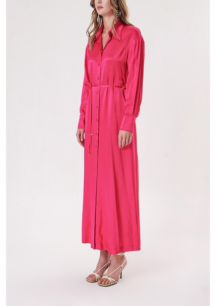 Fuşya Sırtı Bluzan Detaylı Bele Oturan Gömlek Elbise 94178