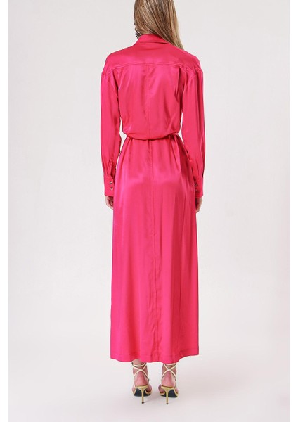 Fuşya Sırtı Bluzan Detaylı Bele Oturan Gömlek Elbise 94178