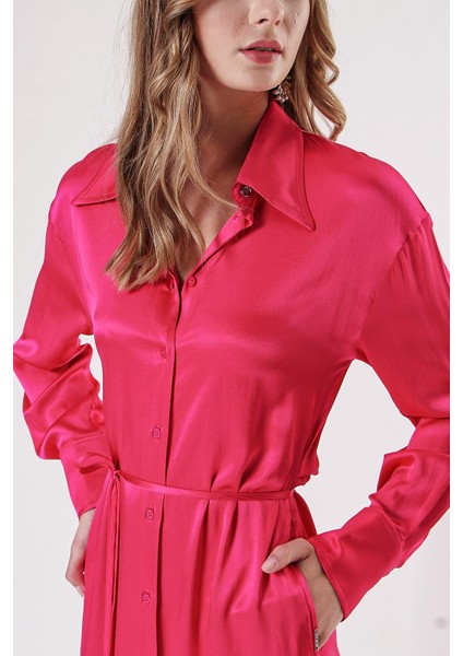 Fuşya Sırtı Bluzan Detaylı Bele Oturan Gömlek Elbise 94178