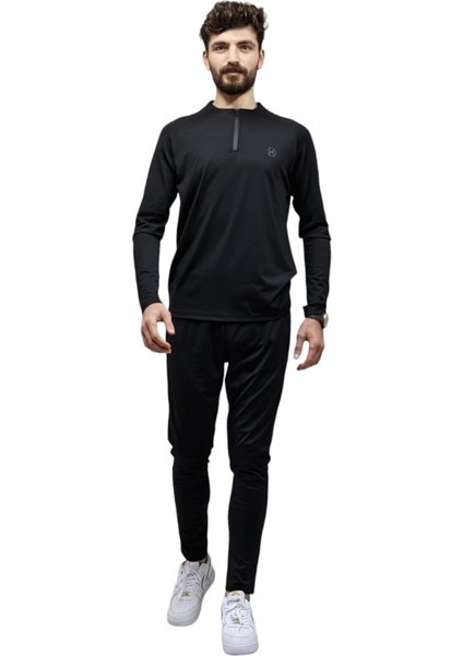 Siyah 1/4 Fermuarlı Erkek Eşofman Takımı