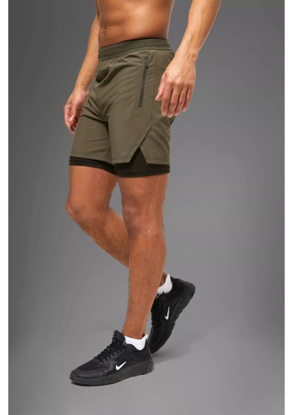 Haki Unisex Gym ve Fitness Astarlı Taytlı Şort