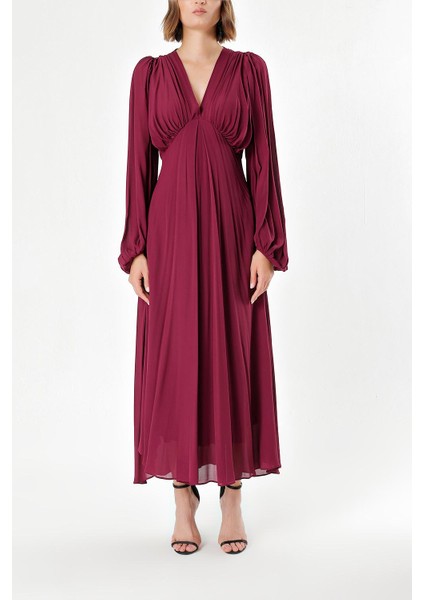 Bordo Büzgülü Elbise 93847