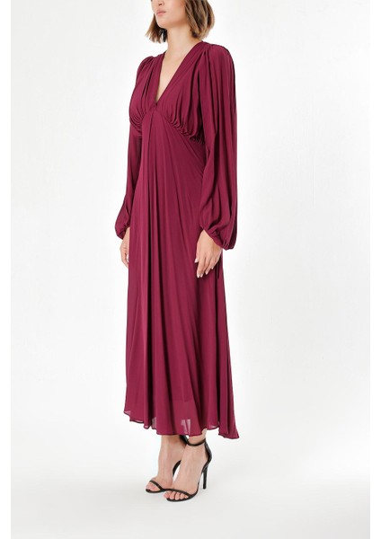Bordo Büzgülü Elbise 93847