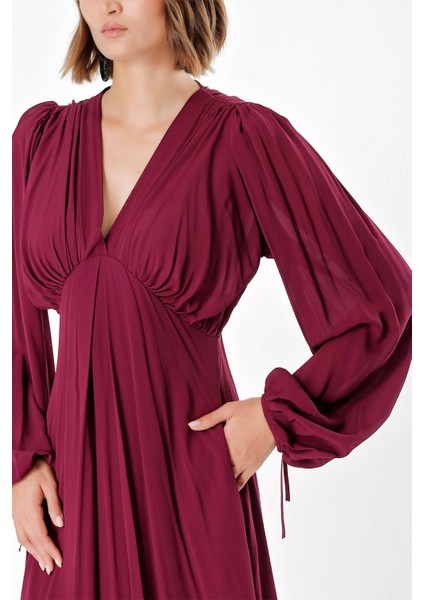 Bordo Büzgülü Elbise 93847