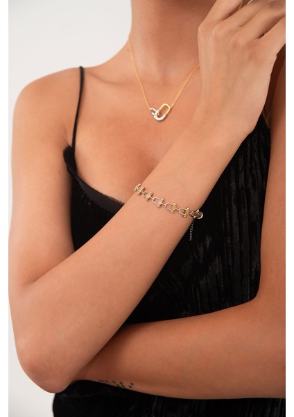 Altın Birbirine Bağlantılı Dikdörtgen Halka Detaylı 925 Ayar Gümüş Bileklik 126 modelleri