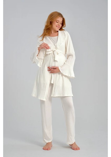 Lohusa Pamuklu Dışı Jakarlı Gizli Emzirme Bölmeli Ekru Pijama Sabahlık