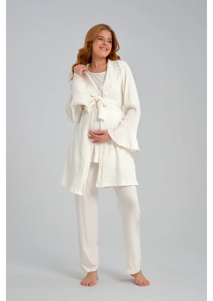 Lohusa Pamuklu Dışı Jakarlı Gizli Emzirme Bölmeli Ekru Pijama Sabahlık fiyatları