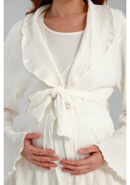 Lohusa Pamuklu Dışı Jakarlı Gizli Emzirme Bölmeli Ekru Pijama Sabahlık modelleri