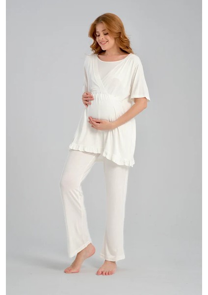 Lohusa Pamuklu Dışı Jakarlı Gizli Emzirme Bölmeli Ekru Pijama Sabahlık indirimleri