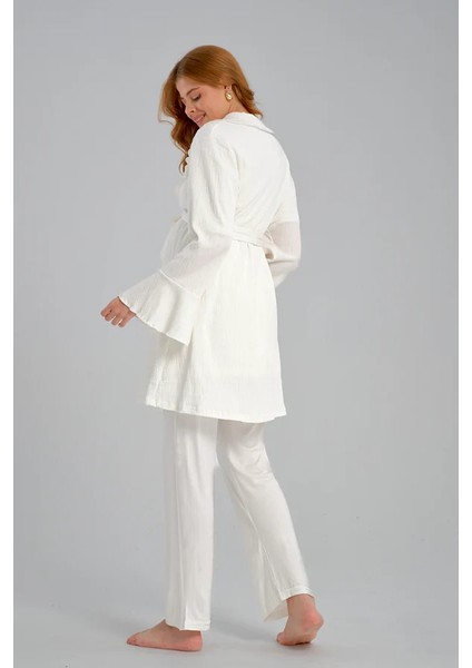 Lohusa Pamuklu Dışı Jakarlı Gizli Emzirme Bölmeli Ekru Pijama Sabahlık