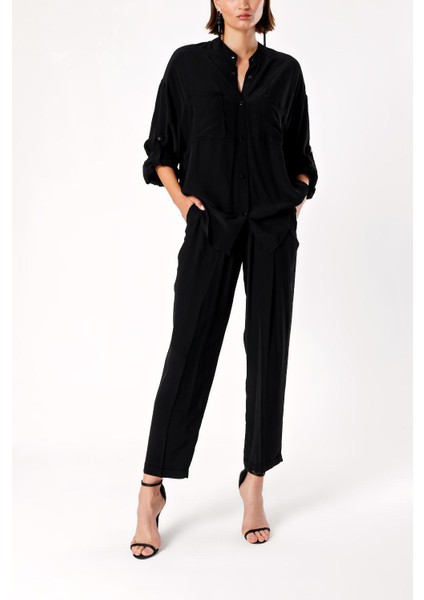 Siyah Bol Kesim Gömlek ve Beli Lastikli Pantolunlu Takım 12308