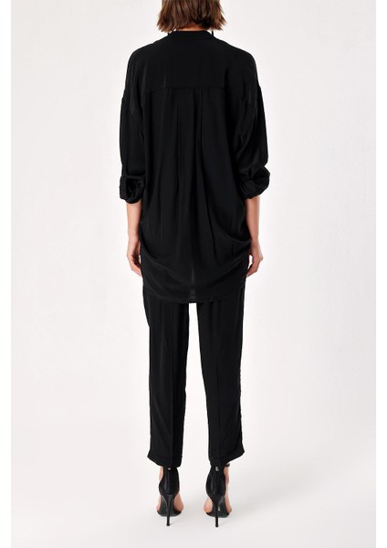 Siyah Bol Kesim Gömlek ve Beli Lastikli Pantolunlu Takım 12308