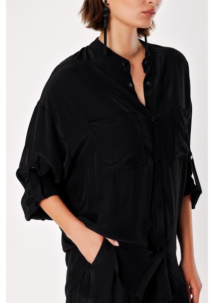 Siyah Bol Kesim Gömlek ve Beli Lastikli Pantolunlu Takım 12308