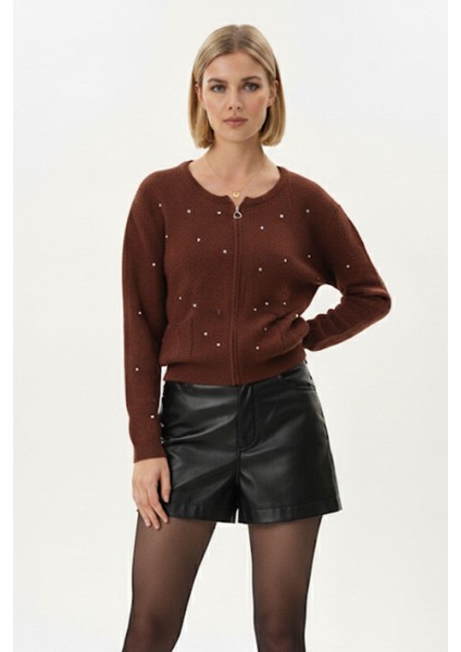 Bordo Kadın Fermuarlı Taş Detaylı Triko Hırka 6405