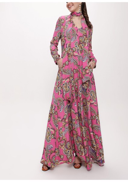 Pembe Godeli V Yaka Uzun Elbise 94171