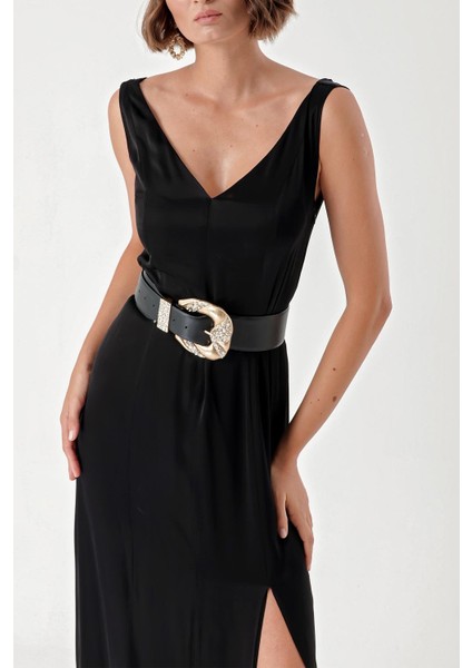 Siyah Kolsuz V Yaka Yırtmaçalı Elbise 94217 indirimleri