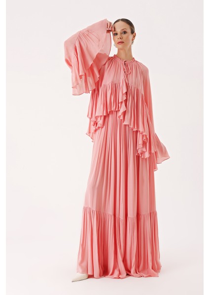 Pembe Volan Detaylı Bol Kesim Büzgülü Uzun Elbise 94438